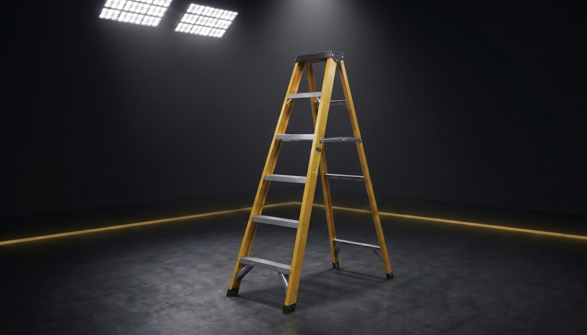 FRP Megastep yellow fibreglass ladder under dramatic studio lighting