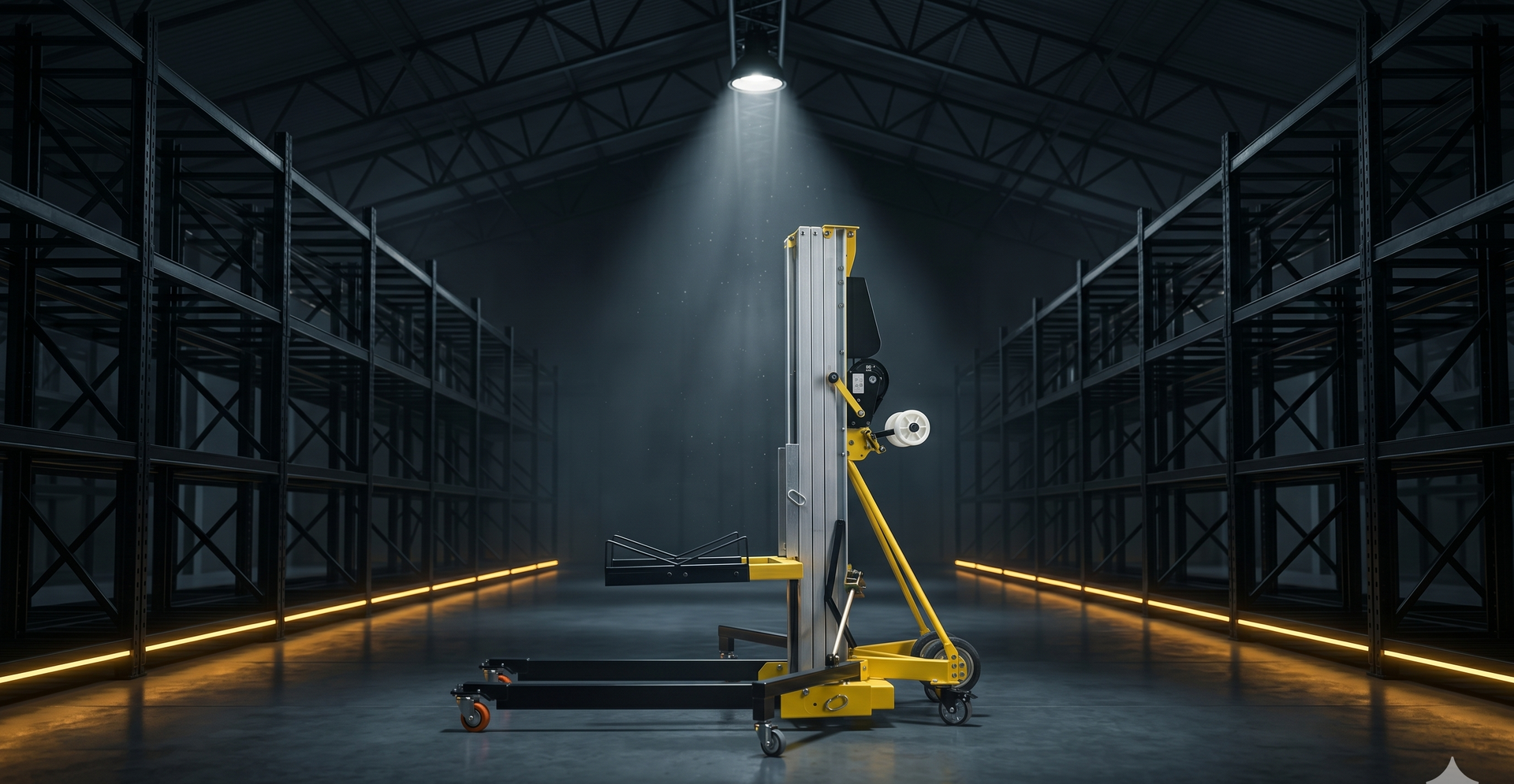 LIFTO manual material lift in a dark industrial warehouse