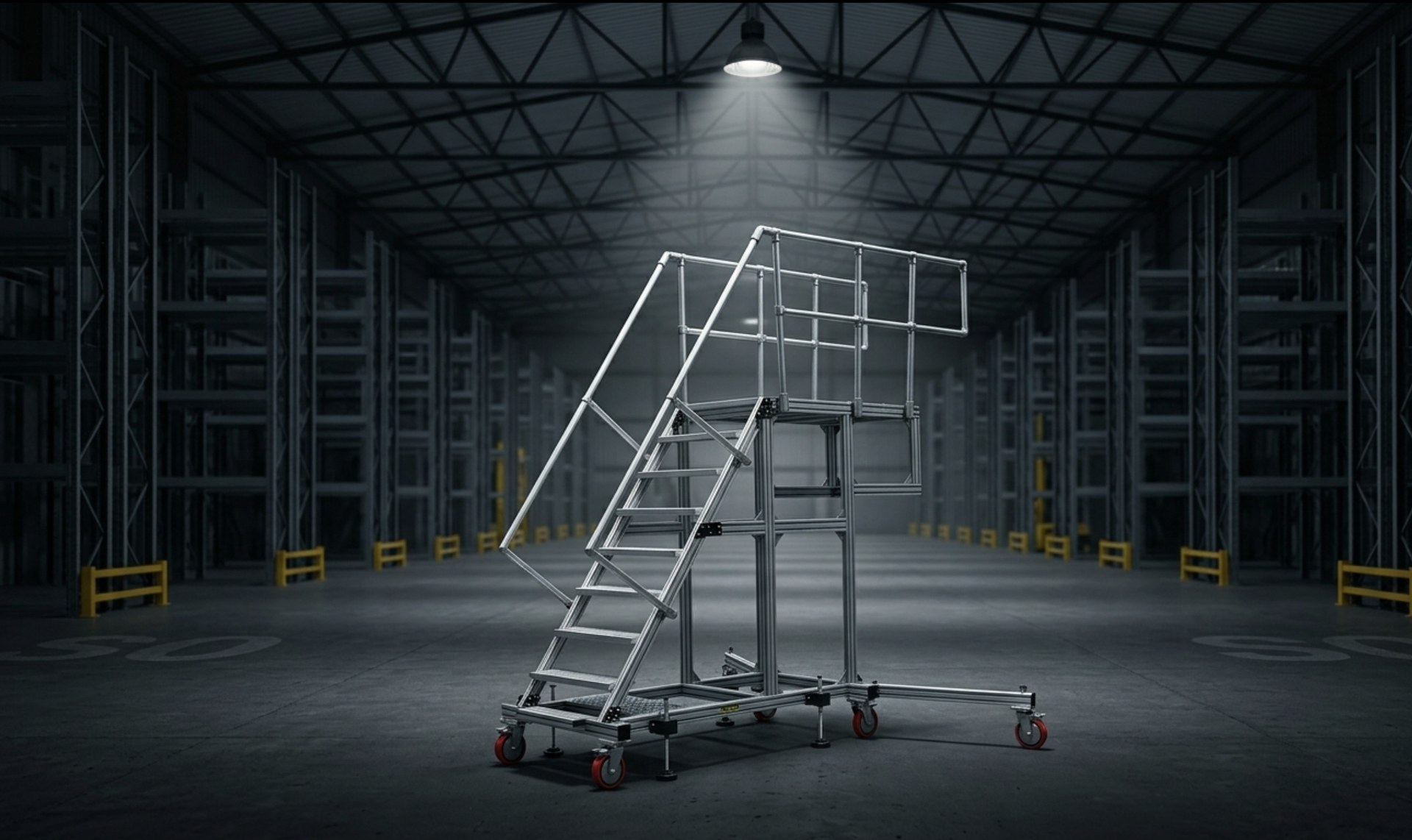 Y Group custom access solution, engineered aluminium access tower in industrial warehouse with yellow Y branding