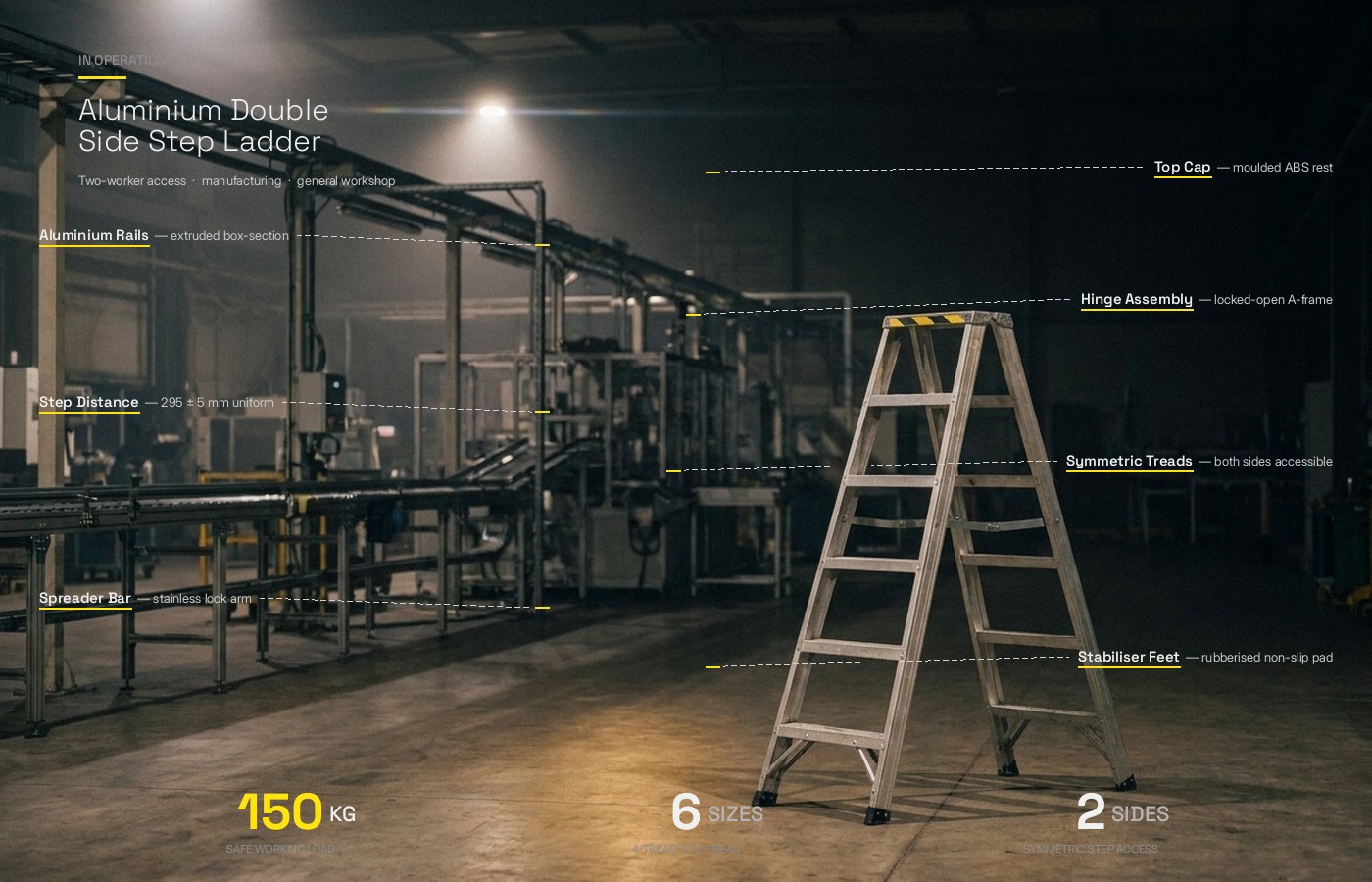 Certified for the heaviest industrial operations, 150 KG Standard engineering, 300 mm step distance for reduced muscular fatigue, high-tensile internal spreaders maintaining A geometry under sheer load