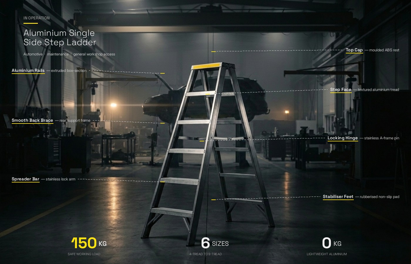 Certified for the heaviest industrial operations, 150 KG Standard engineering, 300 mm step distance for reduced muscular fatigue, high-tensile internal spreaders maintaining A geometry under sheer load