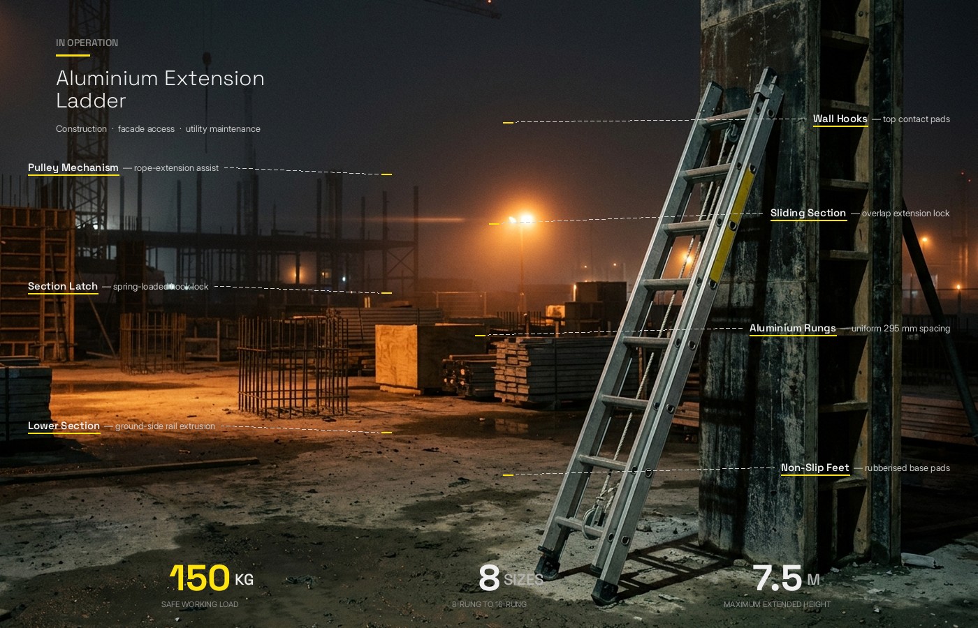 Certified for the heaviest industrial operations, 150 KG Standard engineering, 300 mm step distance for reduced muscular fatigue, high-tensile internal spreaders maintaining A geometry under sheer load