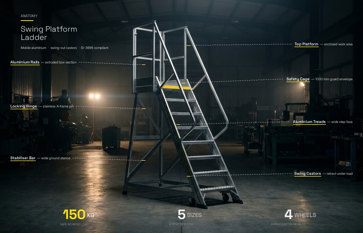 Anatomy of the FRP Single Side Step Ladder, 5 numbered components: integrated tool tray, slip resistance steps, FRP C-section, updated internal spreaders, anti-skid rubber shoes