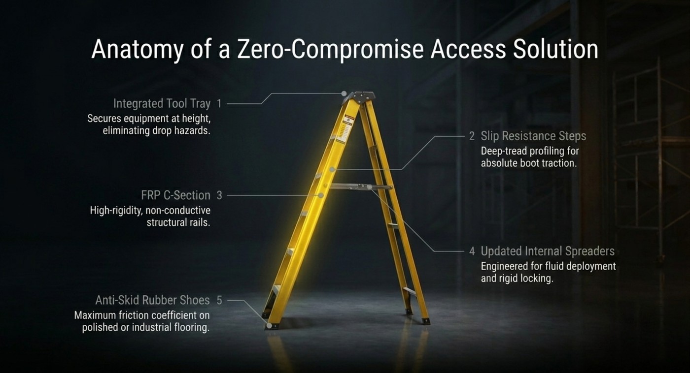 Anatomy of the FRP Single Side Step Ladder — 5 numbered components: integrated tool tray, slip resistance steps, FRP C-section, updated internal spreaders, anti-skid rubber shoes
