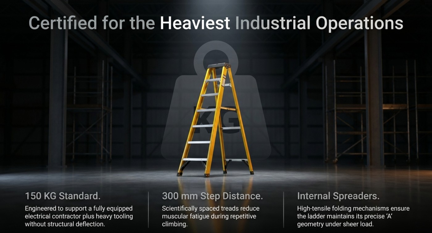 Certified for the heaviest industrial operations — 150 KG Standard engineering, 300 mm step distance for reduced muscular fatigue, high-tensile internal spreaders maintaining A geometry under sheer load
