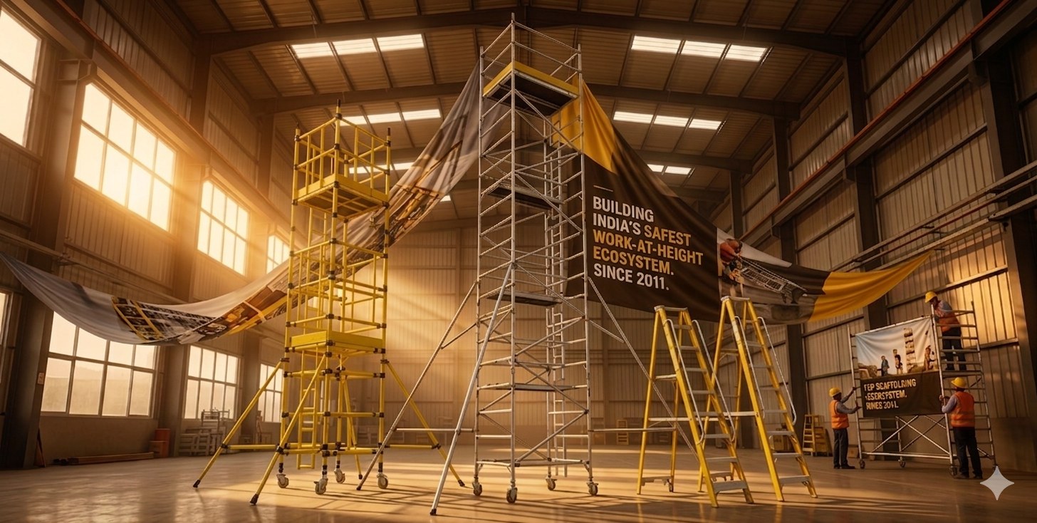 Y Group factory interior — access towers, ladders and scaffolds with Building India's Safest Work-at-Height Ecosystem Since 2011 banner