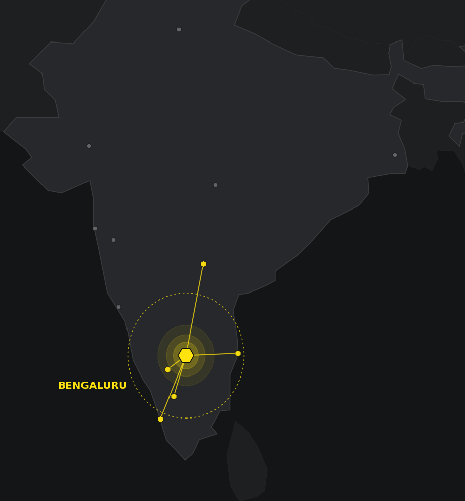 YES branch network across India with the Bengaluru (South India) hub highlighted